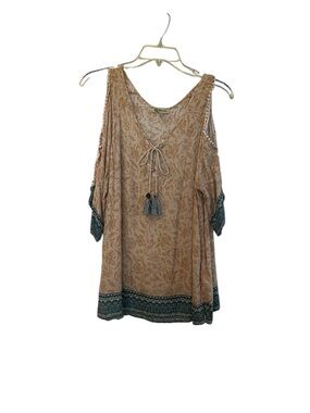 Democracy Boho Tassel Tie Cold-Shoulder Tunic Top in Beige and Teal